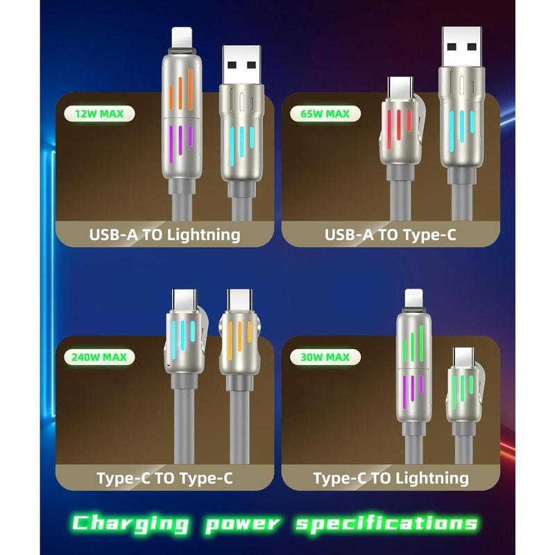 Original 240W 4-in-1 Fast Charging USB Cable with USB A, Type-C, and Lightning Connectors  Electronic Smartphone baby pink USB A+Type C for iPhone 16 15 14 13 iPad Samsung Galaxy MacBook iPad Tablets and More (Rich Black, 4Ft)