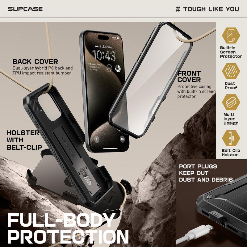 SUPCASE Outdoor Protective[Military-Grade Drop Protection] phone Case (Unicorn Beetle Pro) for iPhone 16   15   14   13   12  SE2 3 Series,2023 2022 2020 Built-in Screen Protector Full-Body Rugged Holster with Stand & Belt-Clip  phones Case Accessories