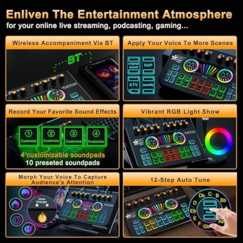 Tenlamp X3 Streaming Mixer with Audio Interface BT Sound Board Voice Changer Sound Card,  Audio Mixer，Stuio Beginner Podcast Mixer Equipment for PC Phone Live Streaming Podcasting Recording
