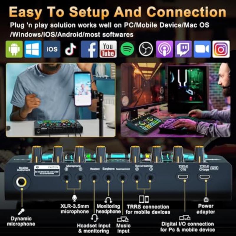Tenlamp X3 Streaming Mixer with Audio Interface BT Sound Board Voice Changer Sound Card,  Audio Mixer，Stuio Beginner Podcast Mixer Equipment for PC Phone Live Streaming Podcasting Recording