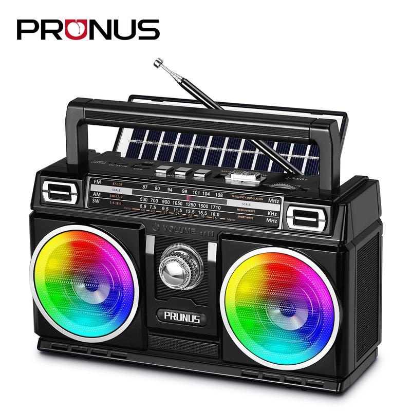 PRUNUS J-750 AM FM Radio Portable with Bluetooth Speaker, USB TF Card Playing, Solar USB-C Rechargeable Radio, Double Speaker, Colorful Light, Transistor Radio, Radios Portable AM FM, Bluetooth Radio Audio Charging Stereo Wireless