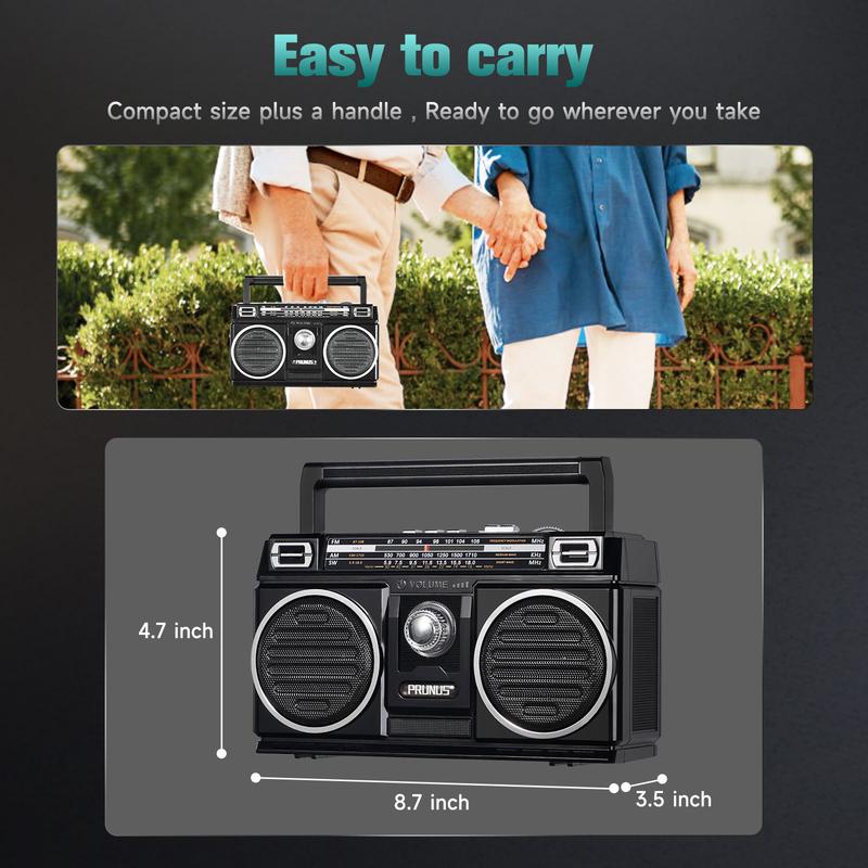 PRUNUS J-750 AM FM Radio Portable with Bluetooth Speaker, USB TF Card Playing, Solar USB-C Rechargeable Radio, Double Speaker, Colorful Light, Transistor Radio, Radios Portable AM FM, Bluetooth Radio Audio Charging Stereo Wireless