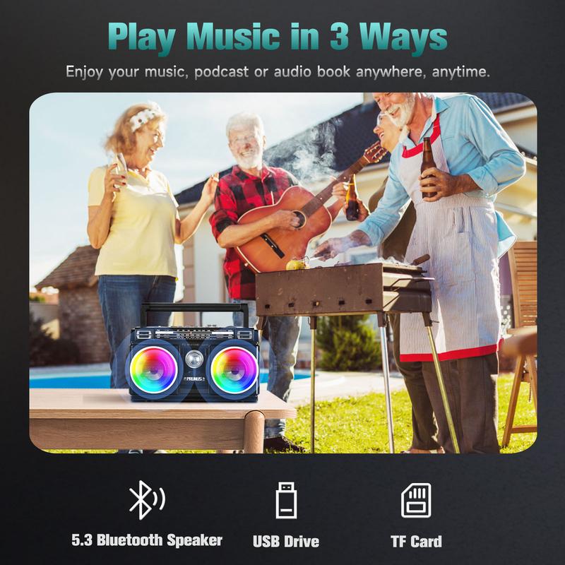 PRUNUS J-750 AM FM Radio Portable with Bluetooth Speaker, USB TF Card Playing, Solar USB-C Rechargeable Radio, Double Speaker, Colorful Light, Transistor Radio, Radios Portable AM FM, Bluetooth Radio Audio Charging Stereo Wireless