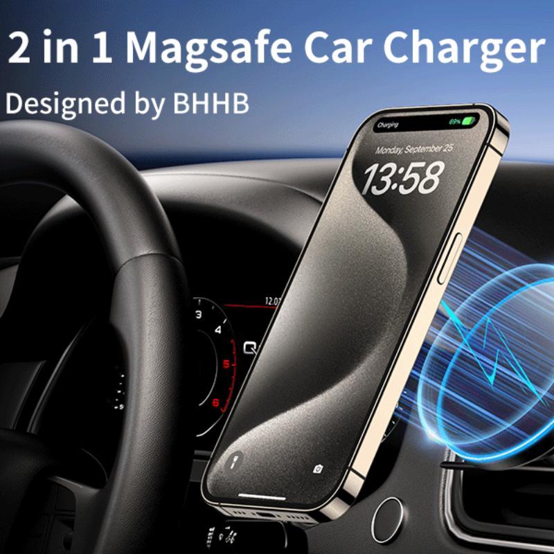 15W Magnetic Car Phone Holder, 2 in 1 Wireless Charging Car Phone Holder, Universal Car Navigation Bracket for iPhone 15 14 13 12 Series