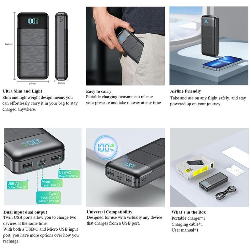Portable Digital Display Power Bank for Music Festival, 20000mAh Large Capacity Fast Charging Power Bank, USB And Type-C Fast Charger Power Bank for iPhone 14   13, Samsung Galaxy, Stocking Fillers Gift