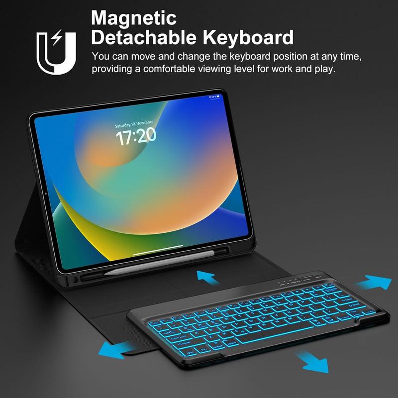 Keyboard Case for iPad Pro 12.9-inch 6th, 5th, 4th, 3rd Generation - Magnetically Detachable, 7 Colors Backlit, USB-C  , Folio Cover w Pencil Holder, Black