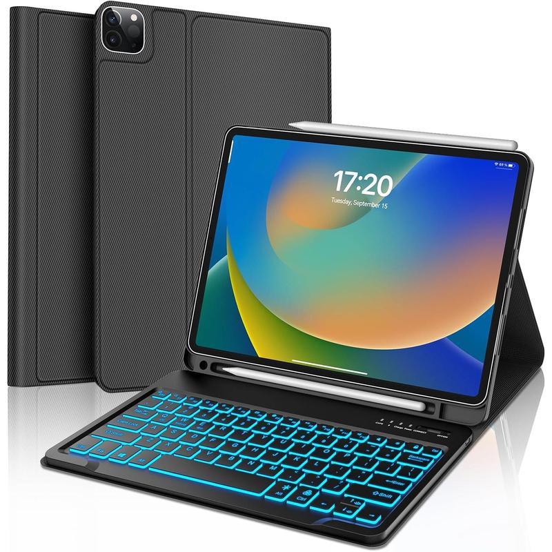 Keyboard Case for iPad Pro 12.9-inch 6th, 5th, 4th, 3rd Generation - Magnetically Detachable, 7 Colors Backlit, USB-C  , Folio Cover w Pencil Holder, Black