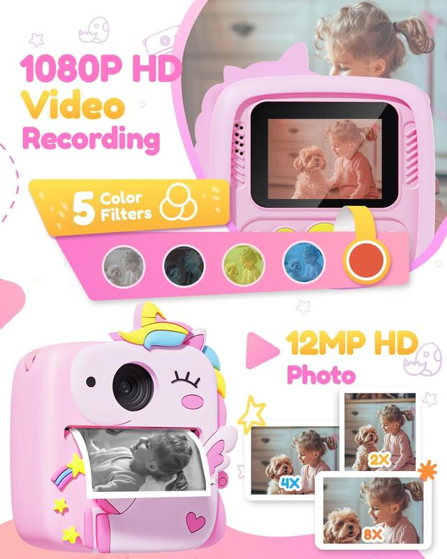 Kids Camera Instant Print, 1080P HD Digital Video Cameras for Kids with Print Paper & SD Card, Christmas Birthday Gifts for Girls Boys, Portable Unicorn Toys for 3-10 Year Old Girls Boys- Pink