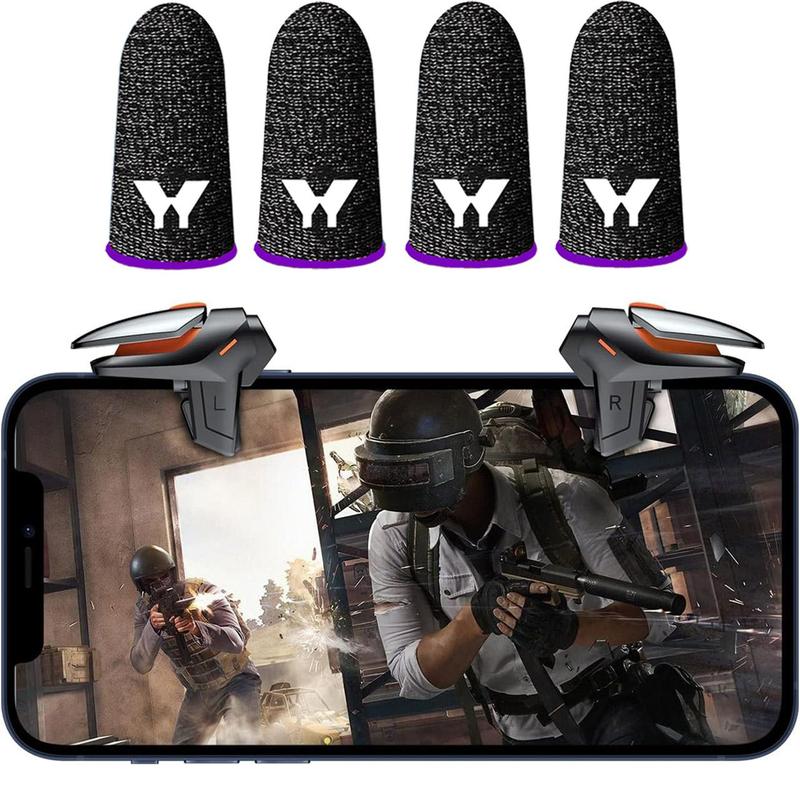 Game Controller Trigger with 4 Game Finger cover, Smart Phone Game Controller, Aim & Shoot PUBG Triggers for iOS Android, Console Accessories