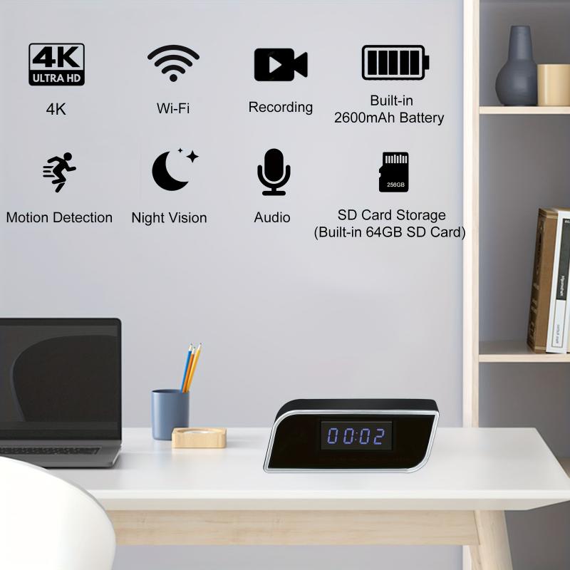 4K HD WiFi Hidden Camera Clock with Motion Detection, Night Vision, Audio, App Control, Indoor Surveillance Nanny Cam, Non-Waterproof, Rechargeable 2600mAh Battery, Built-In 64GB Memory for Home & Office Security