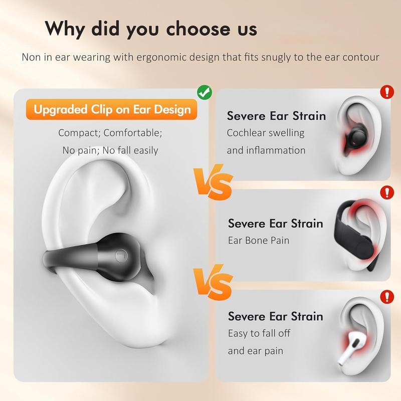 Open Ear Clip Headphones, Wireless Earbuds Bluetooth 5.3 Sports Earphones Built-in Mic with Ear Hooks, 36H Playtime Charging Case LED Audio Electronic