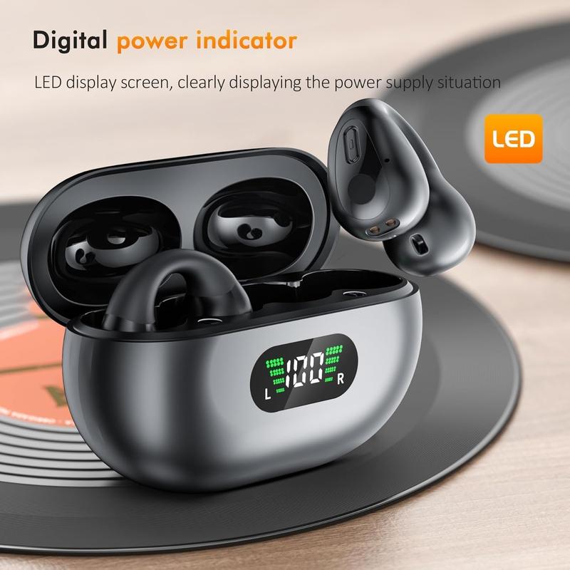 Open Ear Clip Headphones, Wireless Earbuds Bluetooth 5.3 Sports Earphones Built-in Mic with Ear Hooks, 36H Playtime Charging Case LED Audio Electronic