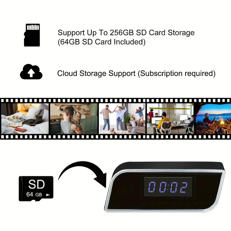 4K HD WiFi Hidden Camera Clock with Motion Detection, Night Vision, Audio, App Control, Indoor Surveillance Nanny Cam, Non-Waterproof, Rechargeable 2600mAh Battery, Built-In 64GB Memory for Home & Office Security