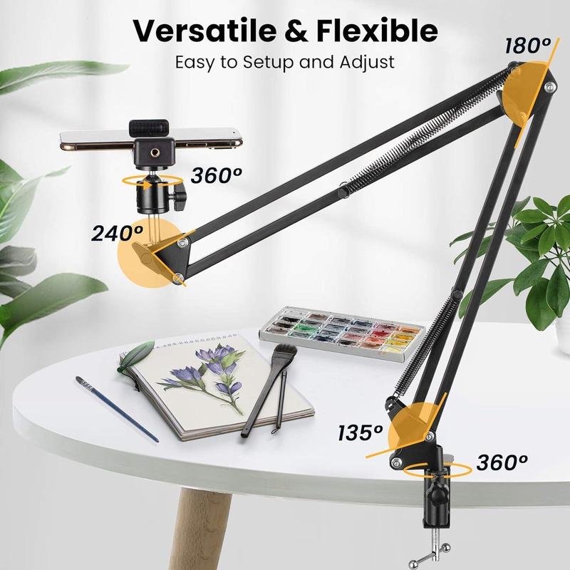 Multifunction Phone Holder, 1 Set 360° Rotatable Cantilever Mobile Cellphone Holder with Rotary Bottom Clamp, Foldable Lazy Bracket for Photography, Video Shooting, Live Streaming