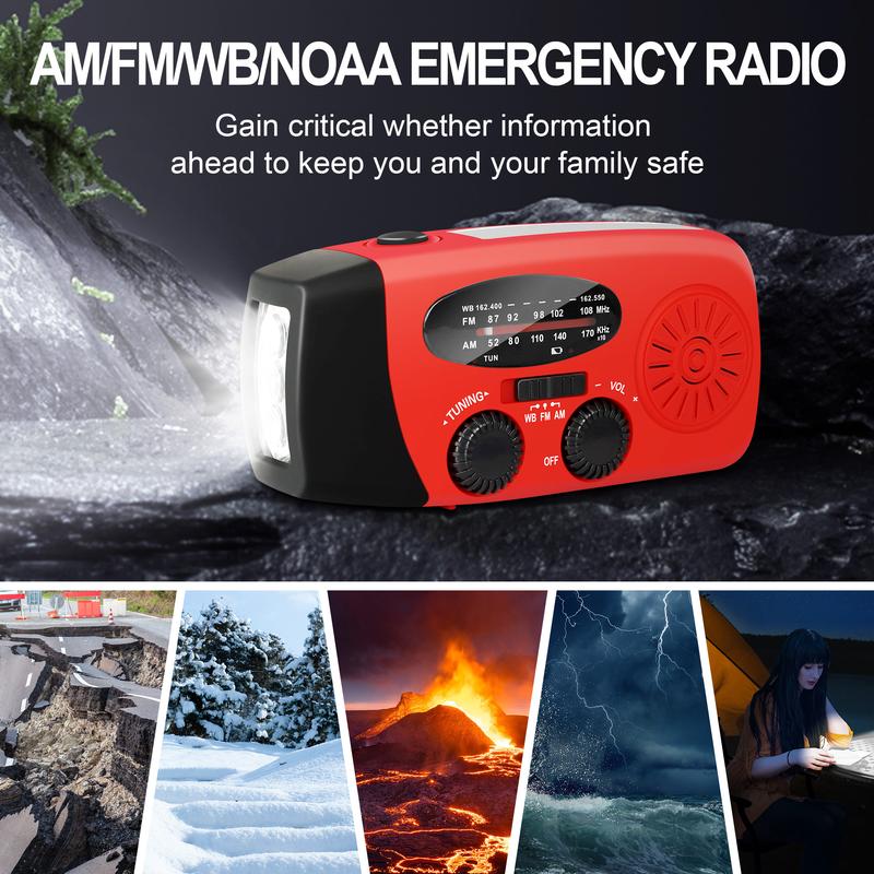 Emergency Hand Crank Radio with LED Flashlight for Emergency, AM FM NOAA Portable Weather Radio with 2000mAh Power Bank Phone Charger, USB Charged & Solar Power for Camping, Emergency Rechargeable Audio Batteries Device Handheld