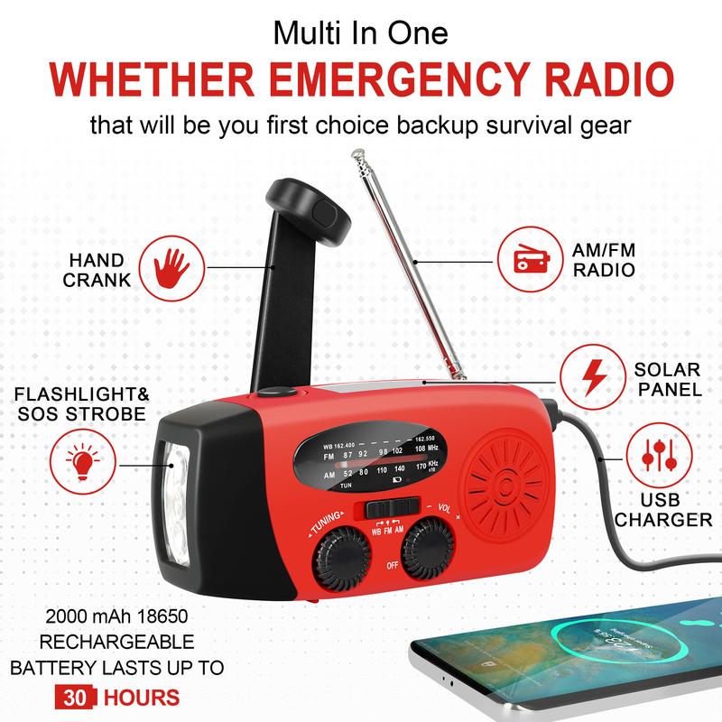 Emergency Hand Crank Radio with LED Flashlight for Emergency, AM FM NOAA Portable Weather Radio with 2000mAh Power Bank Phone Charger, USB Charged & Solar Power for Camping, Emergency Rechargeable Audio Batteries Device Handheld