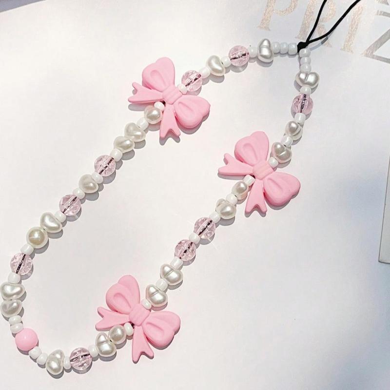 Cute Bowknot Design Beaded Phone Chain, Fashionable Phone Lanyard for Women & Girls, Phone Decoration Accessories for iPhone
