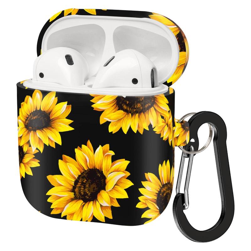 Sunflower Pattern Earphone Case with Keychain, 1 Count Cute Flower Silicone Earphone Protective Case, Earphone Case for AirPods 2 & 1