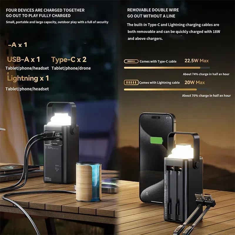 Portable Mobile Power Bank, 22.5W Fast Charging Mobile Power Bank with LED Display & Retractable Light, Compatible with iPhone Samsung Huawei Xiaomi