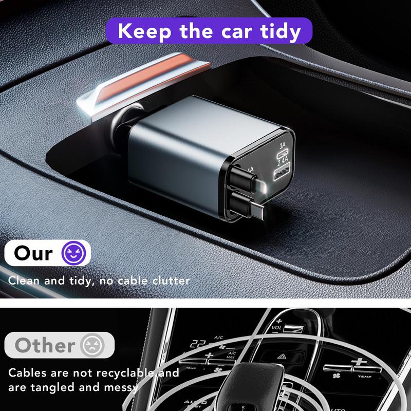 4 in 1 Fast Retractable Car Charger [69W],Type-C&Lghtning Cables and USB C Car Charger,Cigarette Lighter Adapter for iPhone 16 15 14 13 12 11 Pro Max Plus iPad AirPods Retractable Dual cord iOS & Android Charging