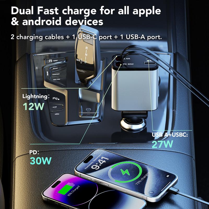 4 in 1 Fast Retractable Car Charger [69W],Type-C&Lghtning Cables and USB C Car Charger,Cigarette Lighter Adapter for iPhone 16 15 14 13 12 11 Pro Max Plus iPad AirPods Retractable Dual cord iOS & Android Charging