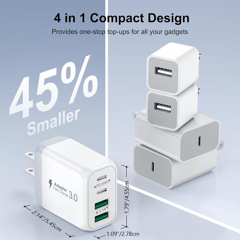 40W USB C Wall Plug, 4 Port Fast Charging Block PD 3.0 Multi Port Type C Adapter Cube for iPhone 15 13 13pro 12 12pro XR SE, iPad Pro Mini Air, Google Pixel Pixel 3a  XL 3 2XL android charger 4n1  charger