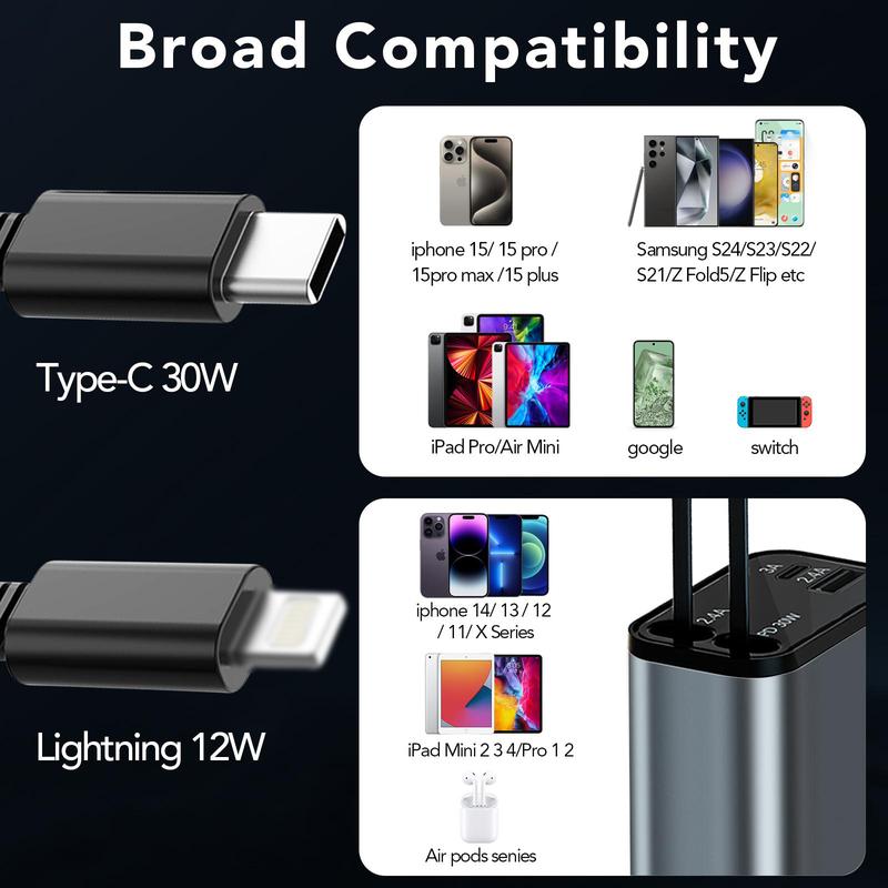 4 in 1 Fast Retractable Car Charger [69W],Type-C&Lghtning Cables and USB C Car Charger,Cigarette Lighter Adapter for iPhone 16 15 14 13 12 11 Pro Max Plus iPad AirPods Retractable Dual cord iOS & Android Charging