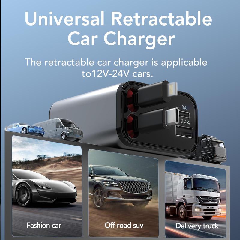 4 in 1 Fast Retractable Car Charger [69W],Type-C&Lghtning Cables and USB C Car Charger,Cigarette Lighter Adapter for iPhone 16 15 14 13 12 11 Pro Max Plus iPad AirPods Retractable Dual cord iOS & Android Charging
