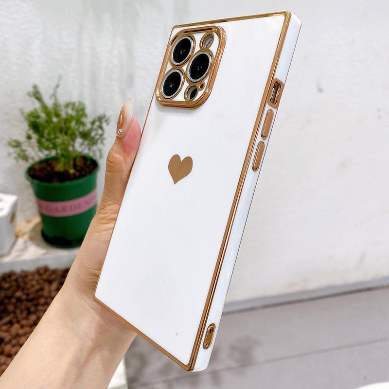 Solid Color Heart Decor Phone Case, 1 Count Anti-fall & Anti-fingerprint Phone Case, Shockproof Wear-resistant Phone Cases for iPhone X 11 12 13 14 15 Pro Max iPhone 16 Pro Case