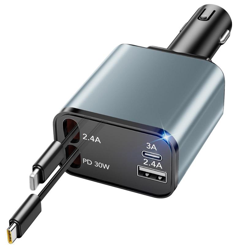 4 in 1 Fast Retractable Car Charger [69W],Type-C&Lghtning Cables and USB C Car Charger,Cigarette Lighter Adapter for iPhone 16 15 14 13 12 11 Pro Max Plus iPad AirPods Retractable Dual cord iOS & Android Charging