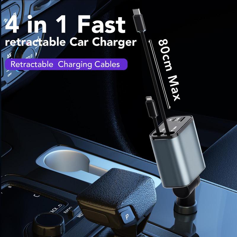 4 in 1 Fast Retractable Car Charger [69W],Type-C&Lghtning Cables and USB C Car Charger,Cigarette Lighter Adapter for iPhone 16 15 14 13 12 11 Pro Max Plus iPad AirPods Retractable Dual cord iOS & Android Charging