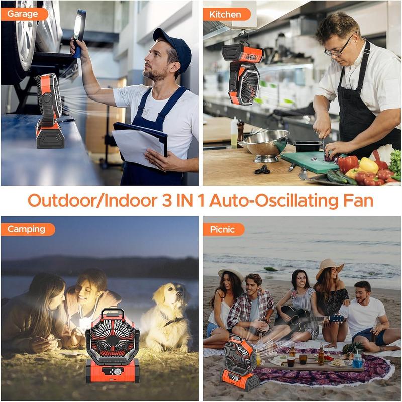 Rechargeable Camping Fan with LED Lantern, 20000mAh Auto-Oscillating Battery Operated Fan with Remote Hook Timer, 8