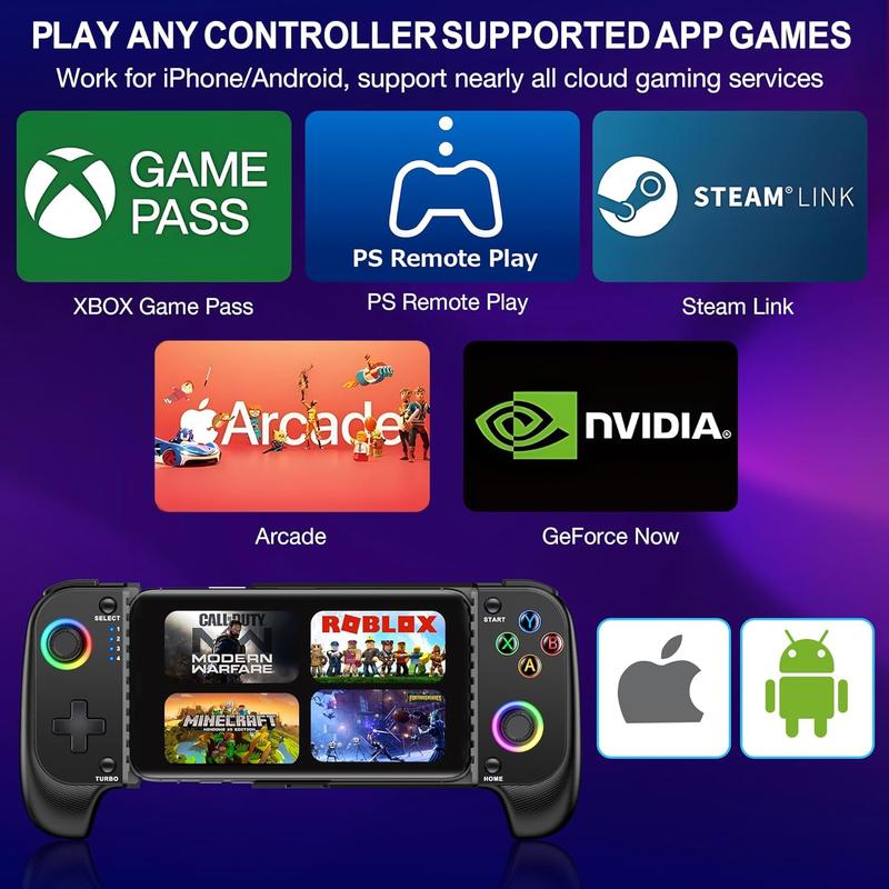 Wireless Phone Controller for iPhone Android with Hall Joystick, RGB Controller for iPhone Support Xbox Game Pass, PlayStation, Steam Link, Call of Duty, Minecraft, Roblox, Cloud Android Controller