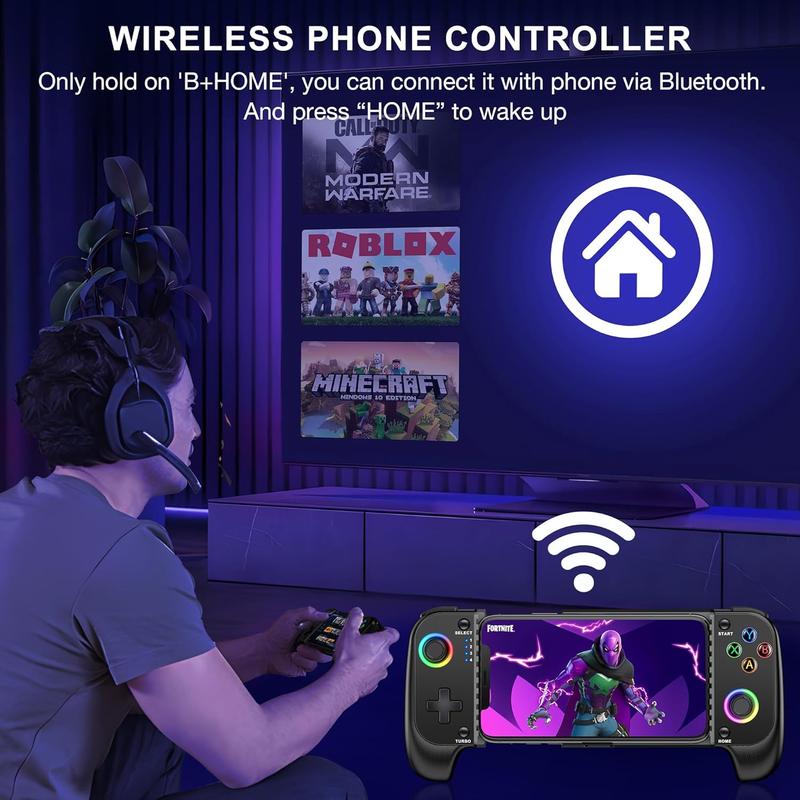 Wireless Phone Controller for iPhone Android with Hall Joystick, RGB Controller for iPhone Support Xbox Game Pass, PlayStation, Steam Link, Call of Duty, Minecraft, Roblox, Cloud Android Controller