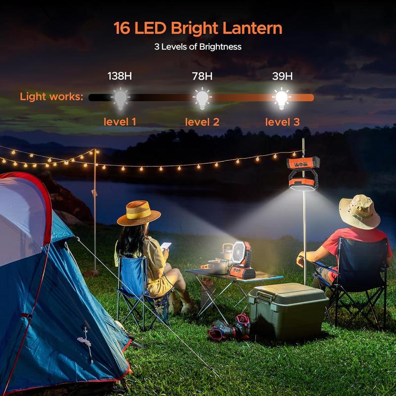 Rechargeable Camping Fan with LED Lantern, 20000mAh Auto-Oscillating Battery Operated Fan with Remote Hook Timer, 8
