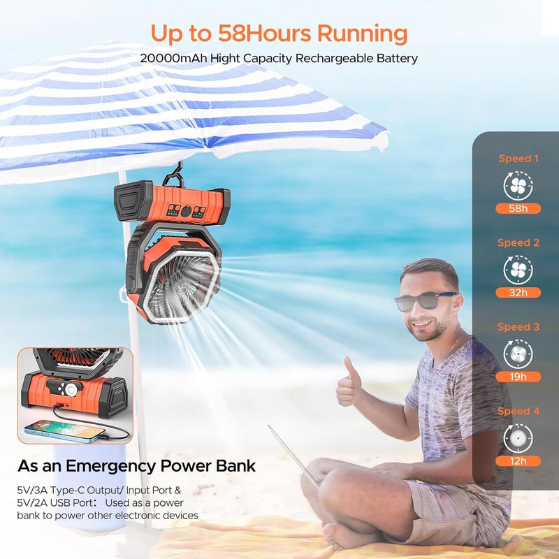 Rechargeable Camping Fan with LED Lantern, 20000mAh Auto-Oscillating Battery Operated Fan with Remote Hook Timer, 8