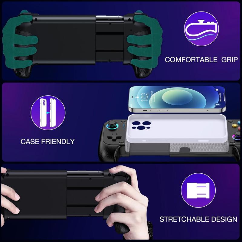 Wireless Phone Controller for iPhone Android with Hall Joystick, RGB Controller for iPhone Support Xbox Game Pass, PlayStation, Steam Link, Call of Duty, Minecraft, Roblox, Cloud Android Controller