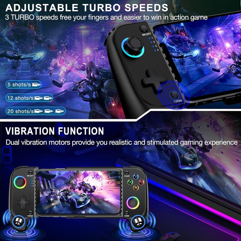 Wireless Phone Controller for iPhone Android with Hall Joystick, RGB Controller for iPhone Support Xbox Game Pass, PlayStation, Steam Link, Call of Duty, Minecraft, Roblox, Cloud Android Controller