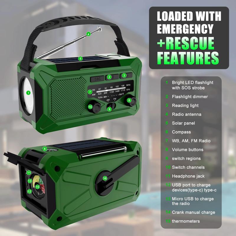 10000mAh Emergency Hand Crank Radio with LED Flashlight, AM FM NOAA Portable Weather Alert Radio, Solar Powered Radio with Phone Charger, USB Charged, Headphone Jack, SOS Alarm, Compass for Outdoors Audio Button Rechargeable Mobile hamradio