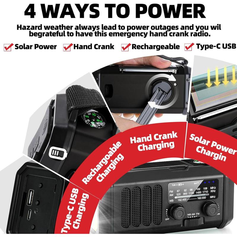 10000mAh 37000mWh  Hand Crank Radio AM FM with LED Flashlight Solar Radio, Portable Weather Radio,  Cell Phone Charger for Family Outdoor Camping and  Rescue