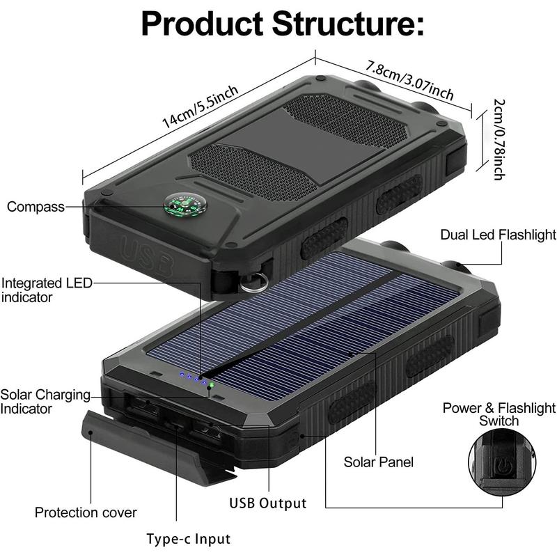 10000mAh Solar Charger Power Bank, 1 2 Counts Dual USB Output Port Waterproof Power Bank Charger with LED Light, Mobile Charger for iPhone & Android Phone