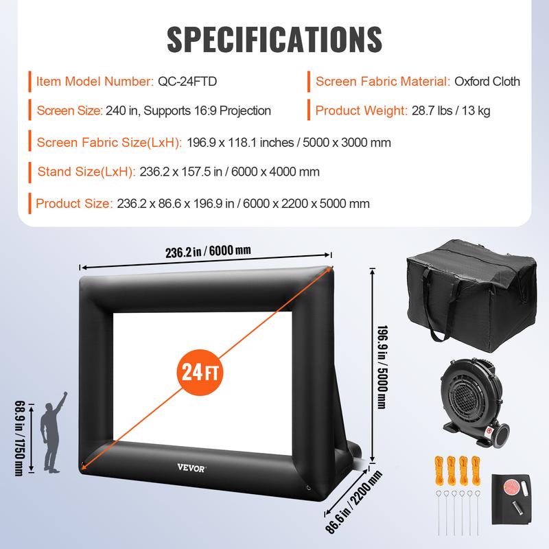 VEVOR Inflatable Movie Screen 24FT Inflatable Projector Screen for outside with 360W Air Blower Inflatable Screen Oxford Fabric Material Blow Up Screen for Outdoor Movie Supports Front Rear Projection,Projection shadow cloth
