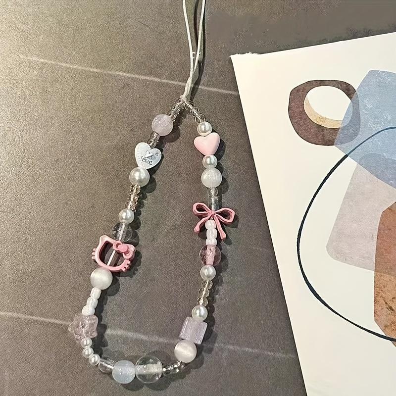 Girl Pink Hand Rope Mobile Phone ins Chain ccd Lanyard DIY HelloKitty Camera Pendant Bead Chain Shiny Mobile Phone Chain Backpack Lanyard Bag Accessories