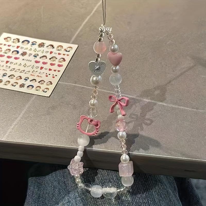 Girl Pink Hand Rope Mobile Phone ins Chain ccd Lanyard DIY HelloKitty Camera Pendant Bead Chain Shiny Mobile Phone Chain Backpack Lanyard Bag Accessories