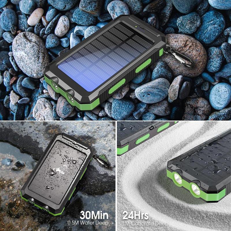 Portable Solar Powered Power Bank, 10000mAh Solar Charger with LED Flashlight, Outdoor Backup Power Charger, Power Bank with Buckle Compass