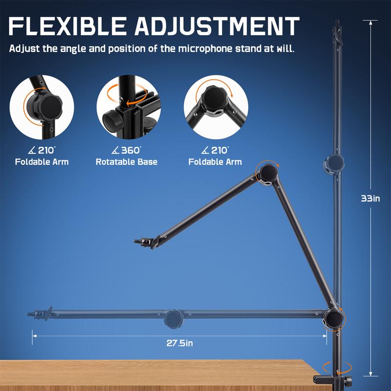 ALABS Boom Arm Mic Stand,360°Adjustable Foldable with Desk Mount Clamp,Screw Adapter,Cable Management,Compatible with studio microphones