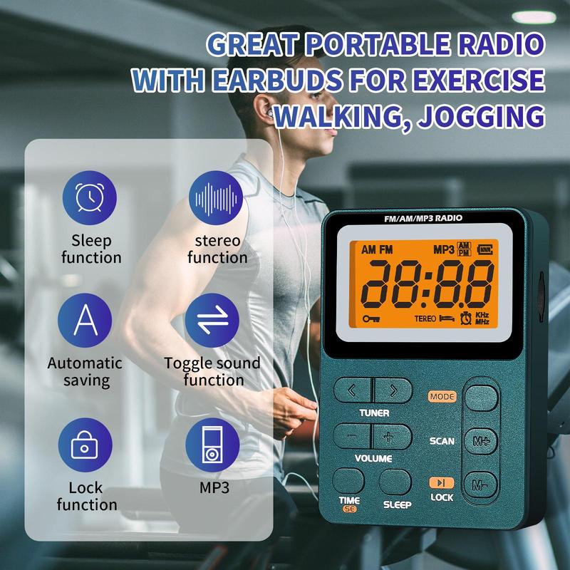 Multifunctional FM AM MP3 Digital Headphone Radio, 600mAh Large Capacity Rechargeable Portable Radio with Sleep Timer for Outdoor Sports