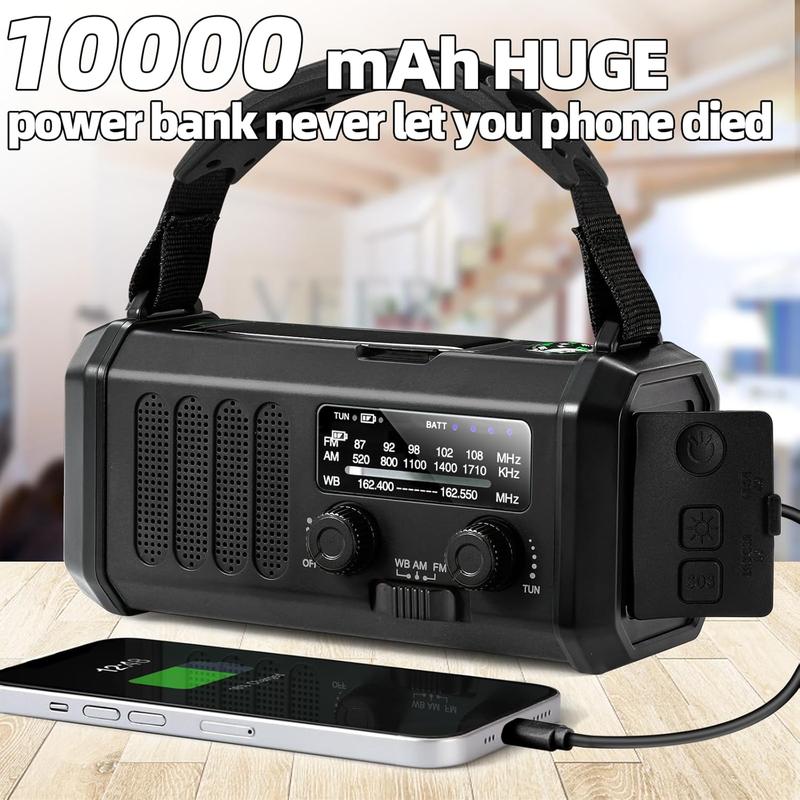 10000mAh 37000mWh  Hand Crank Radio AM FM with LED Flashlight Solar Radio, Portable Weather Radio,  Cell Phone Charger for Family Outdoor Camping and  Rescue