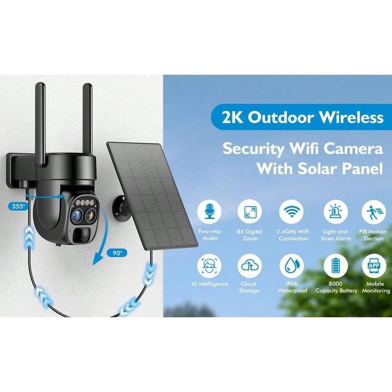 Hawkray [10x Zoom] 2K Low-Power CCTV Solar-Powered Wireless Outdoor Security Camera, 360° Pan Tilt, Color Night Vision, PIR Motion Detection, Spotlight & Siren Two-Way Audio And IP66 Waterproof
