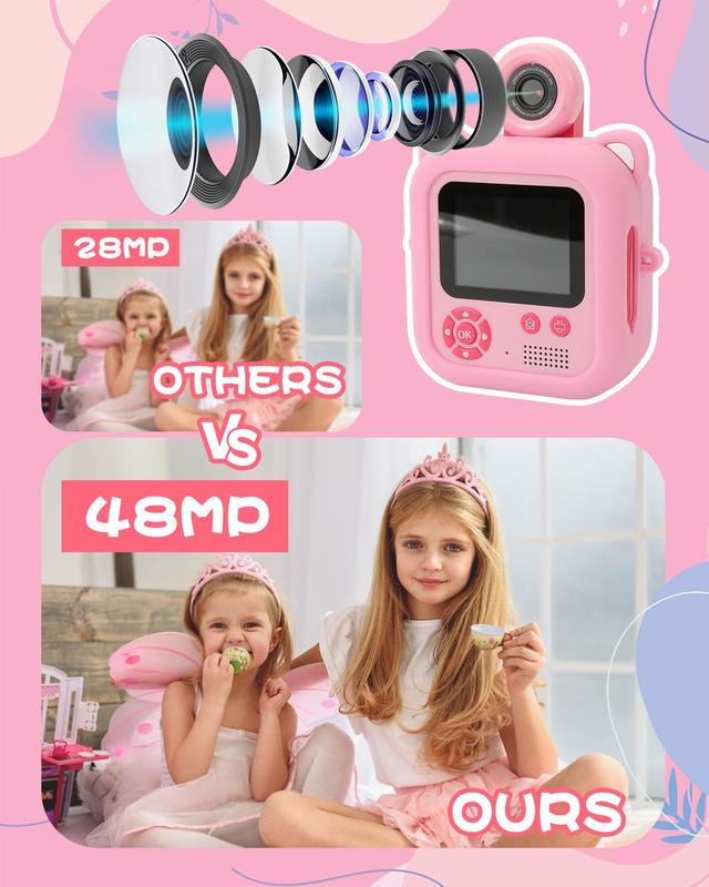 Kids Camera Instant Print, Inkless Instant Camera for Kids with 32G TF card &5 Rolls Print Paper,48MP Selfie Digital Video Camera for Toddler Kids, Christmas Birthday Gifts for Girl Boy Age 3-12(Pink) Colorful Film Lens Memory